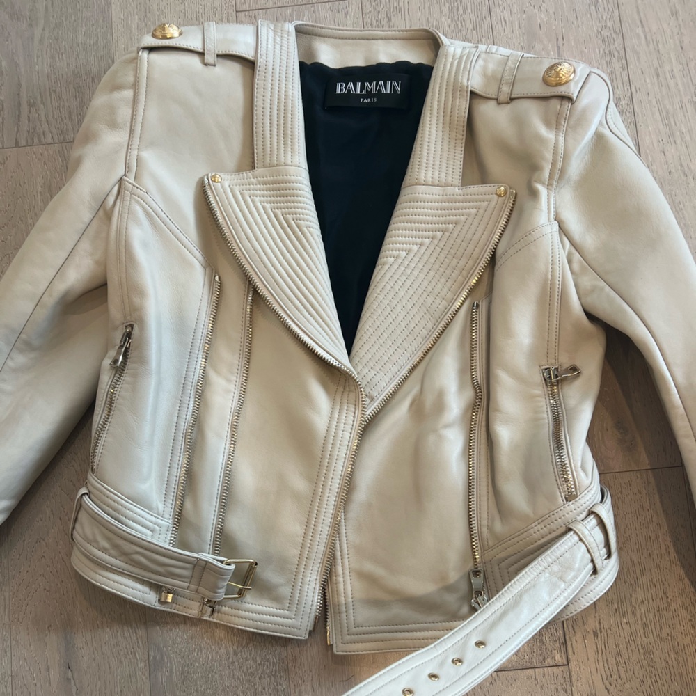 Balmain Cream Leather Biker Jacket with Gold Hardware
